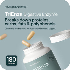 Houston Enzymes TriEnza capsules close-up highlighting protein and fat digestion support