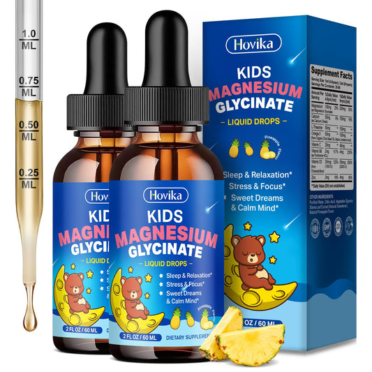 Hovika kids magnesium liquid bottle pour showing easy bedtime preparation