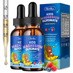 Hovika 2-pack kids magnesium liquid bottle pour showing easy bedtime dosing for calm routines.