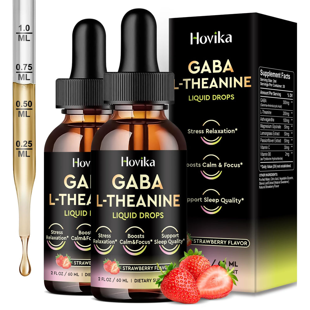 Hovika GABA L-Theanine drops bottle; promotes relaxation after a busy day.