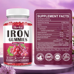 Hovika Iron Gummies vegan non-GMO seal reinforces clean nutrition.