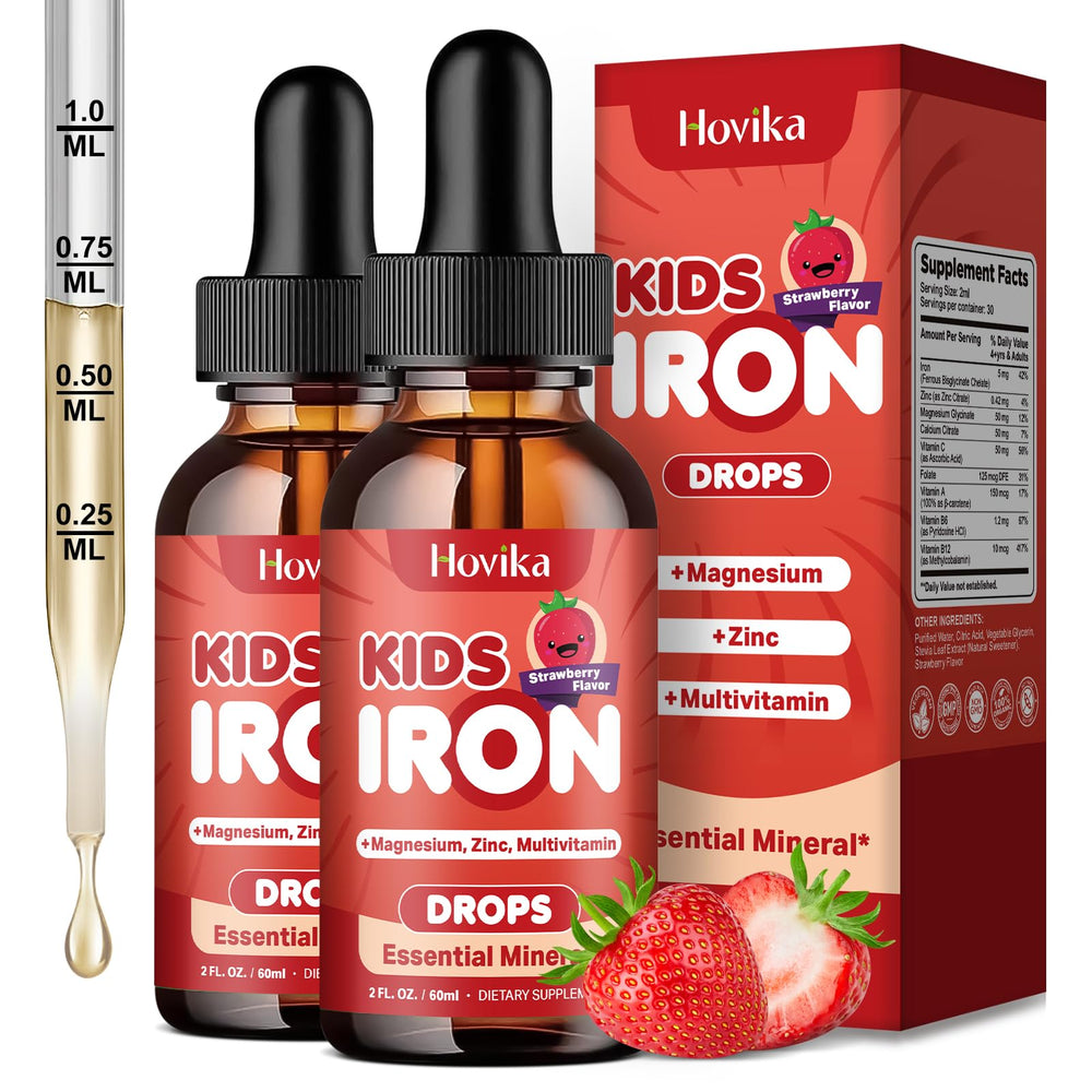 Hovika iron liquid for kids bottle pour shows easy dosing for daily iron support.