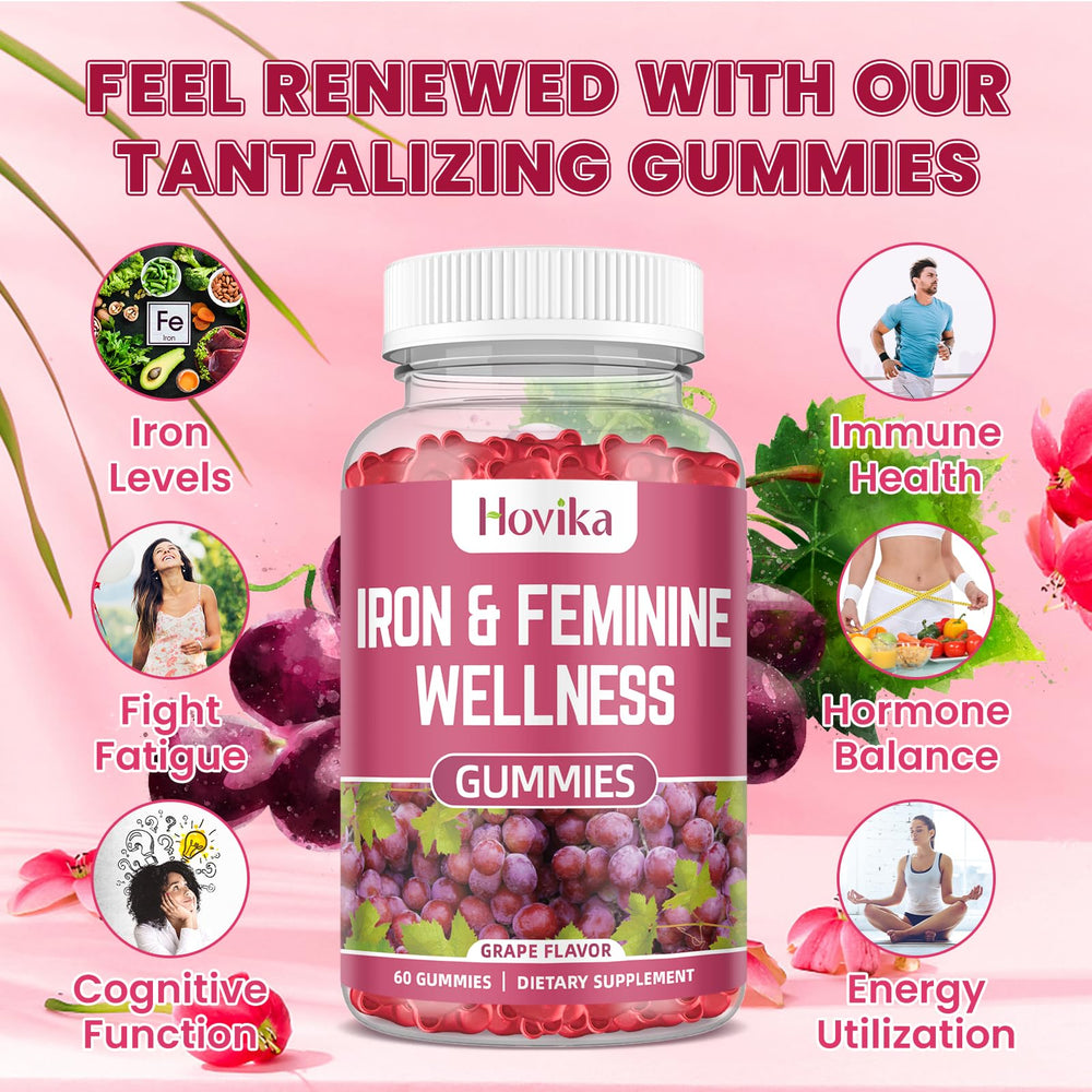 Hovika Iron for Women Gummies bottle packaging emphasizes 60-day supply.