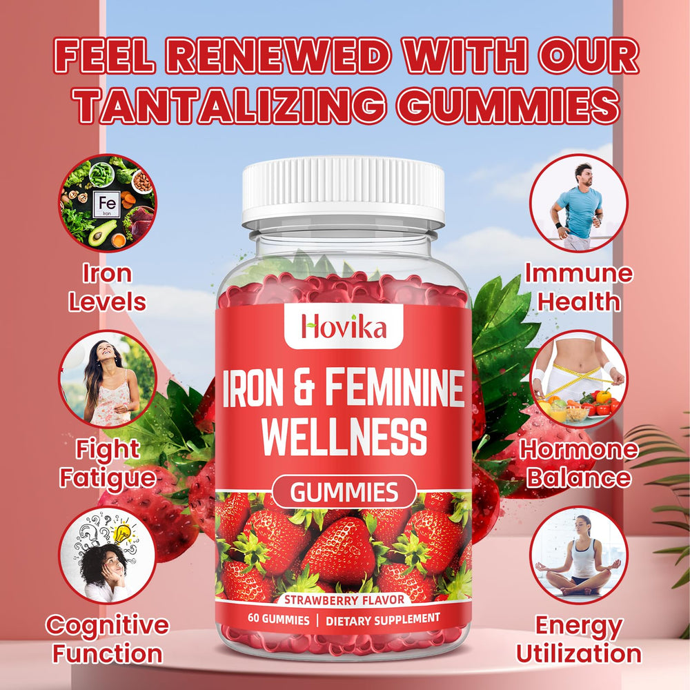 Hovika Iron for Women Gummies daily-use plan with fresh fruit visuals