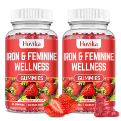 Hovika Iron for Women Gummies strawberry flavor bottle for easy daily use and energy support