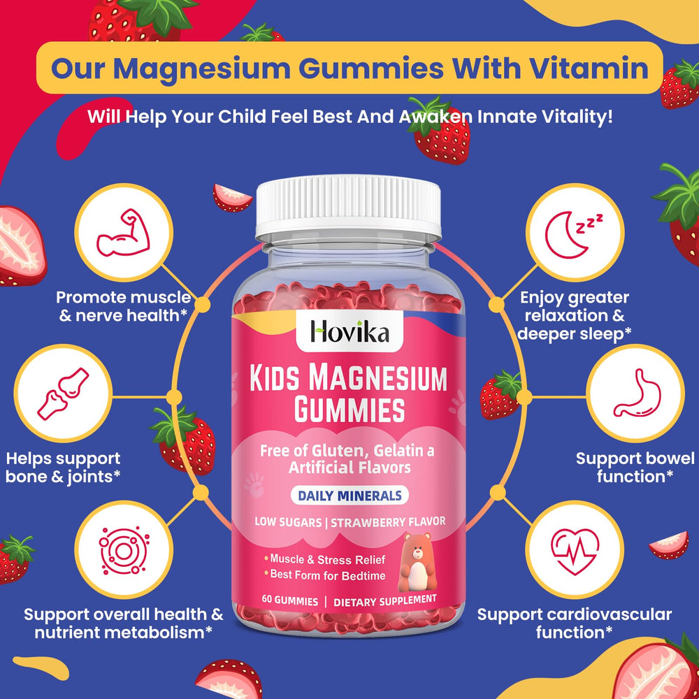 Hovika Magnesium Citrate Gummies vegan label panel highlights non-GMO, gelatin-free formula.