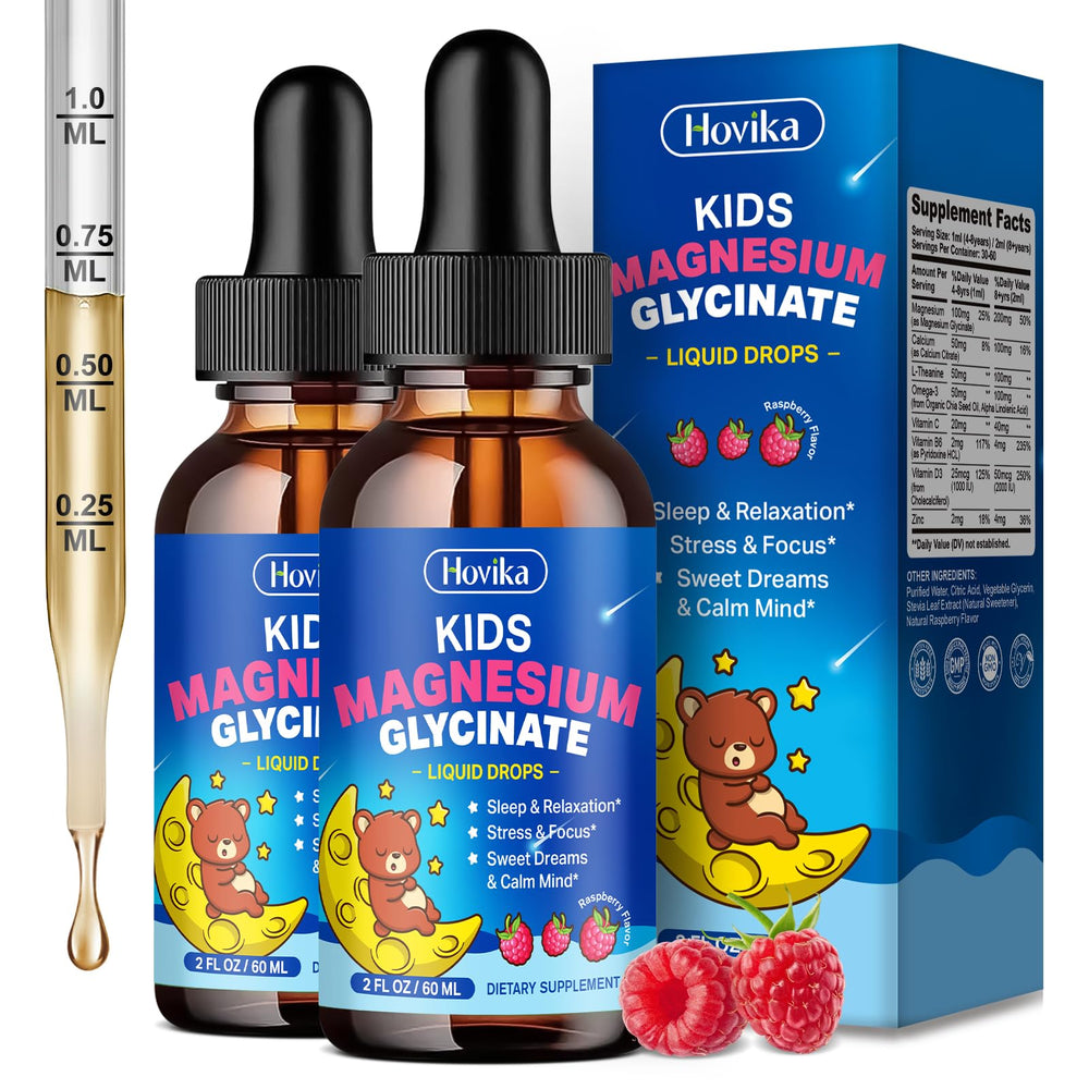 Hovika Raspberry Magnesium Drops for Kids bottle shown, supports gentle relaxation and bedtime calm