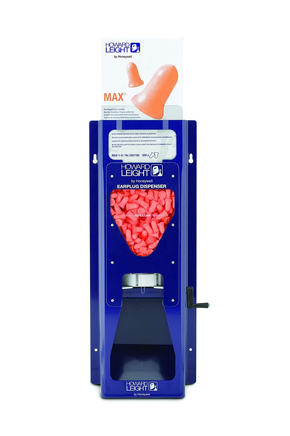 Howard Leight LS-500 blue dispenser with crank dispenses earplugs quickly for rapid access.
