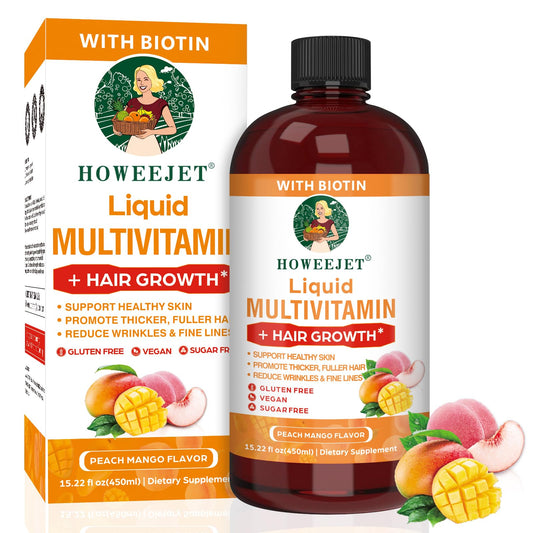 HOWEEJET liquid multivitamin bottle pour demonstrates easy daily use for hair and skin support.