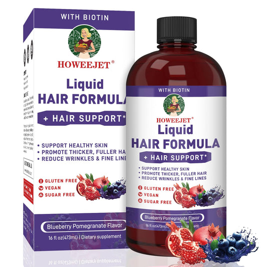 HOWEEJET Liquid Multivitamin bottle pour shows easy daily dose for hair and skin vitality