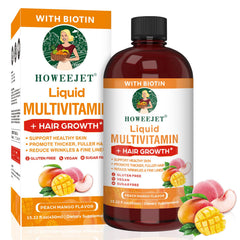 HOWEEJET liquid multivitamin bottle pour demonstrates easy daily use for hair and skin support.