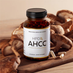 HPD Rx AHCC capsules closeup highlighting easy-to-swallow daily capsules.