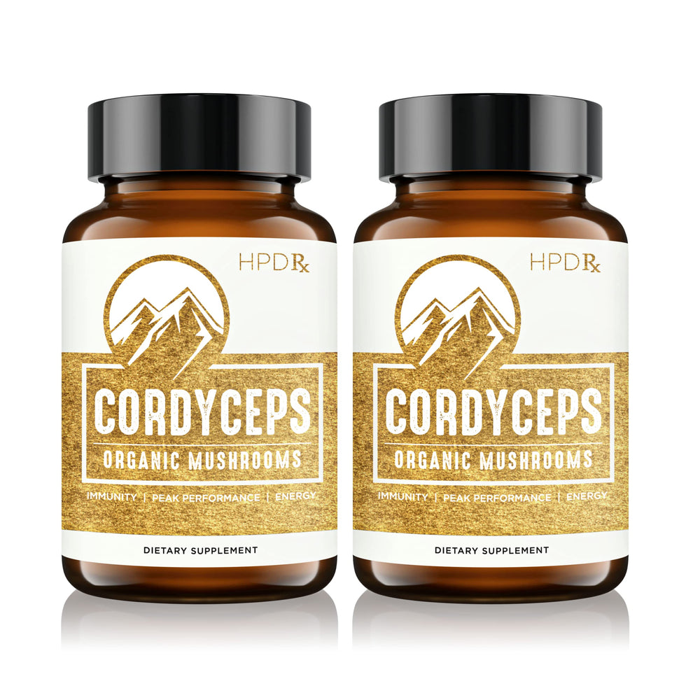 HPD Rx Cordyceps bottle front label showing premium organic quality and energy potential