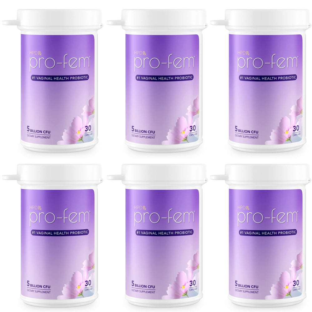 HPD Rx Pro-Fem bottle showing vaginal health probiotic daily use.