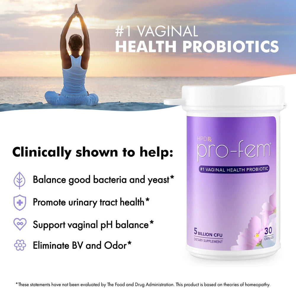 HPD Rx Pro-Fem bottle in bathroom setting for daily balance routine.