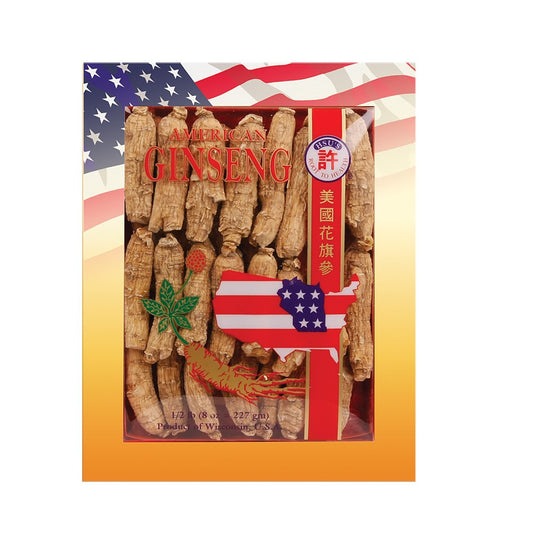 Hsu's Wisconsin American ginseng roots box for tea or cooking, showcasing premium quality.