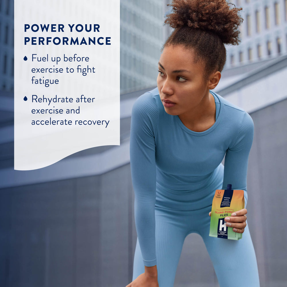 HTWO Plus Island Punch electrolyte graphic communicates hydration support
