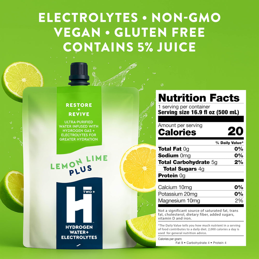 HTWO Plus lemon-lime bottle closeup shows sugar-free, naturally flavored hydration.