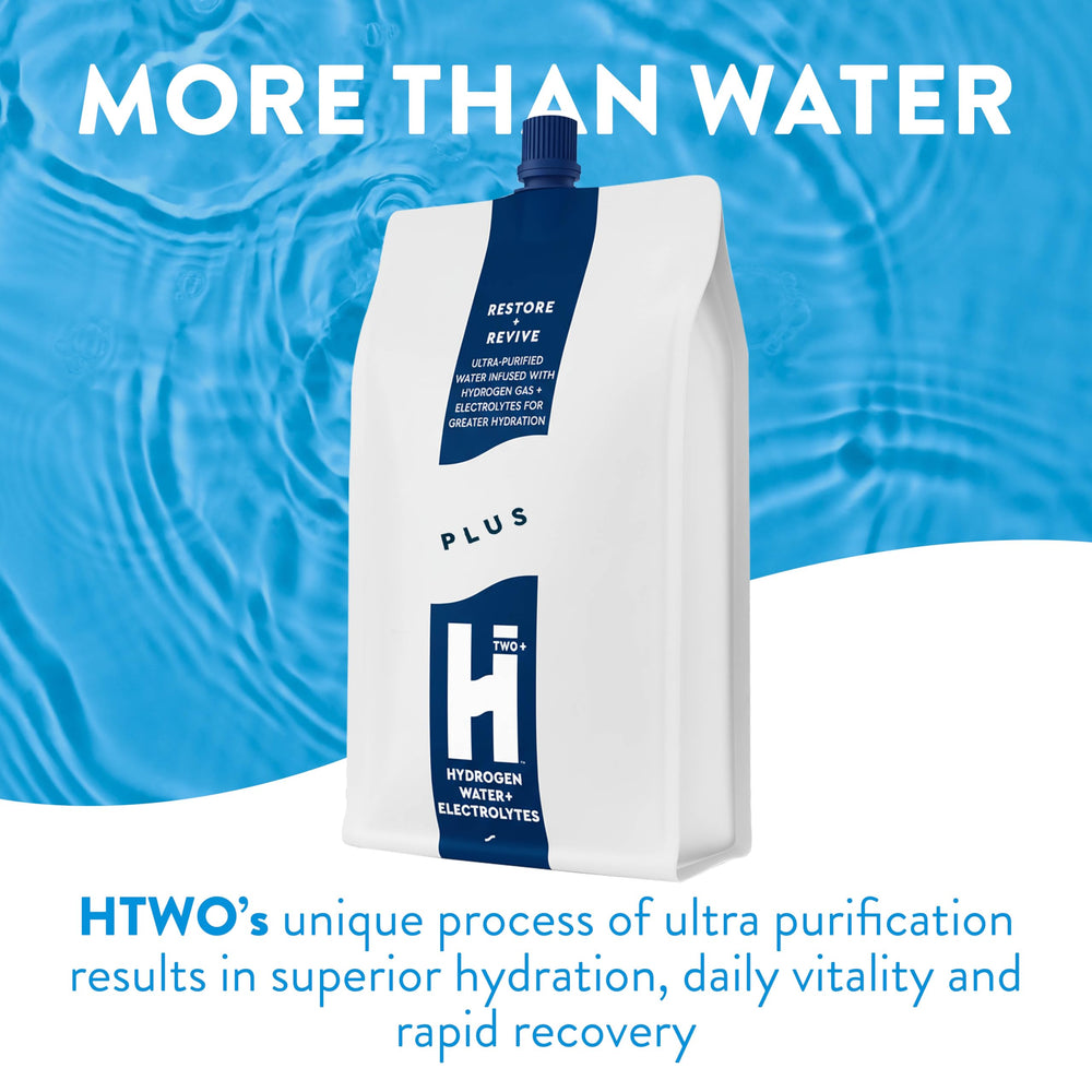 HTWO Plus clear glass hero shot highlighting easy, electrolyte-fueled refreshment.