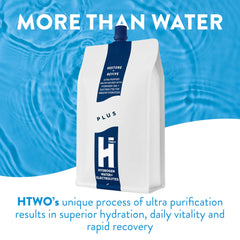 HTWO Plus clear glass hero shot highlighting easy, electrolyte-fueled refreshment.