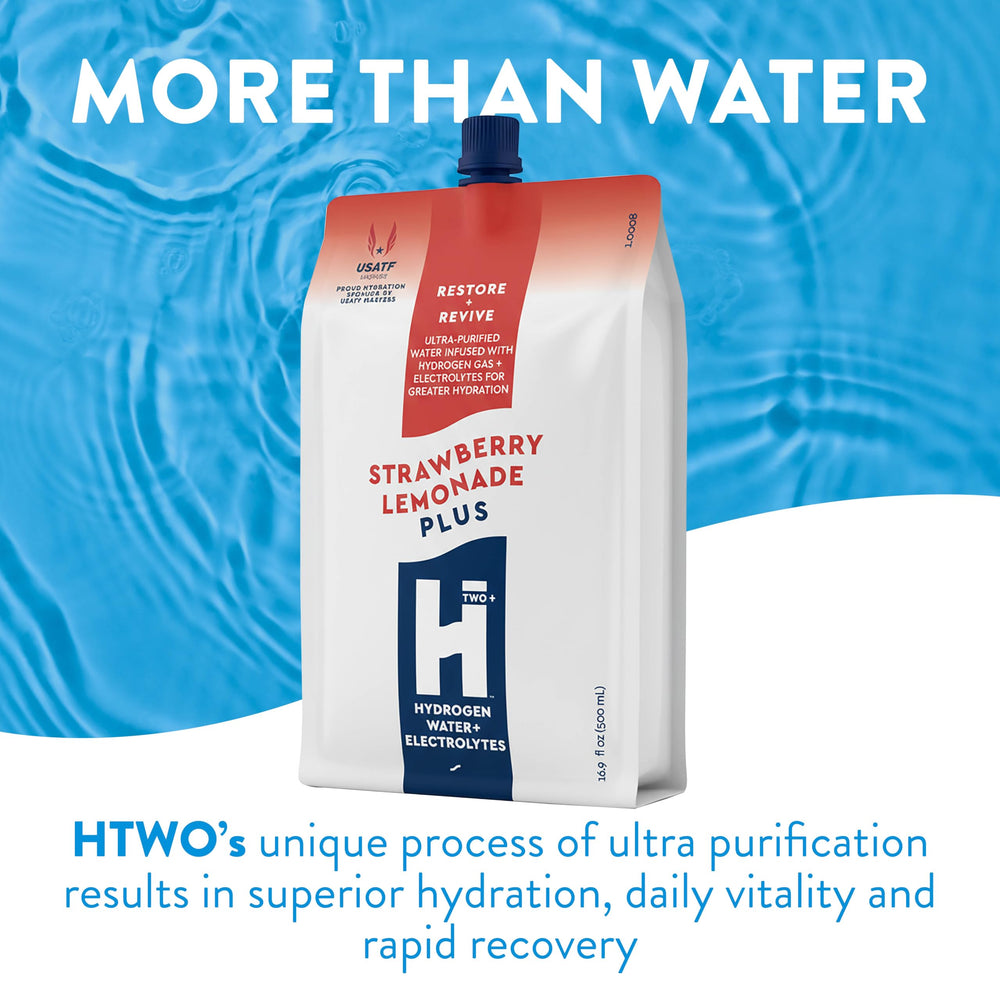 Glass of HTWO Plus Strawberry Lemonade highlighting a crisp, fruity flavor.