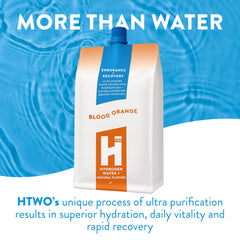 HTWO premium hydrogen water being poured into a glass highlights vibrant citrus flavor
