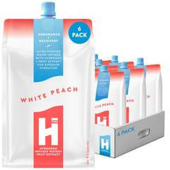 HTWO white peach bottle label highlights refreshing, sugar-free hydration.