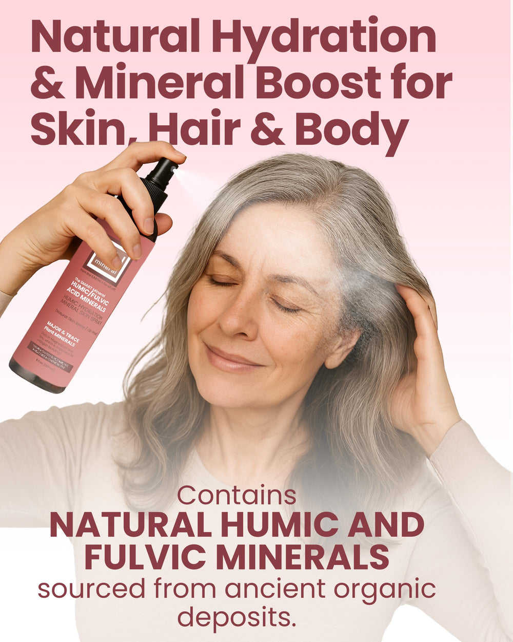 HUmineral Hydration Spray on the body provides refreshing mineral hydration.