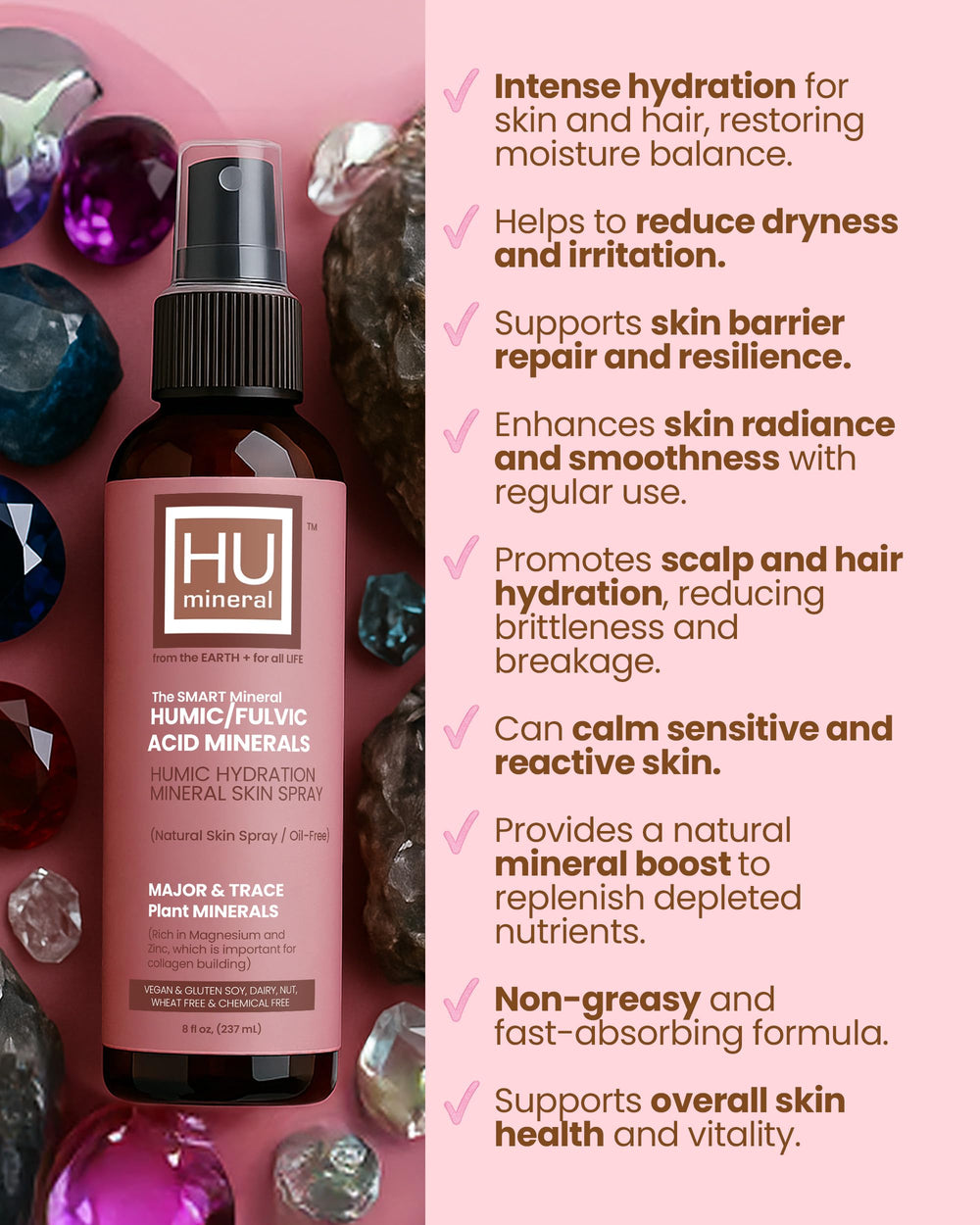 HUmineral Plant-based mineral mist promotes clean hydration for face, hair, and body.