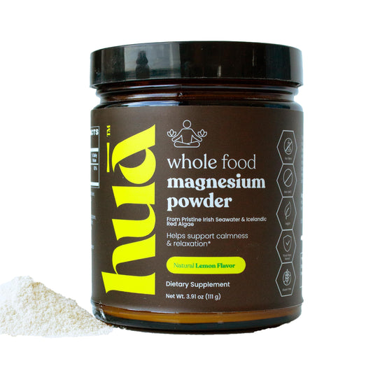 HUA Wellness magnesium powder bottle with lemon flavor for restful routines.