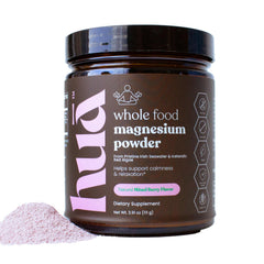 HUA Wellness magnesium powder bottle highlighting ocean-sourced minerals for daily wellness.