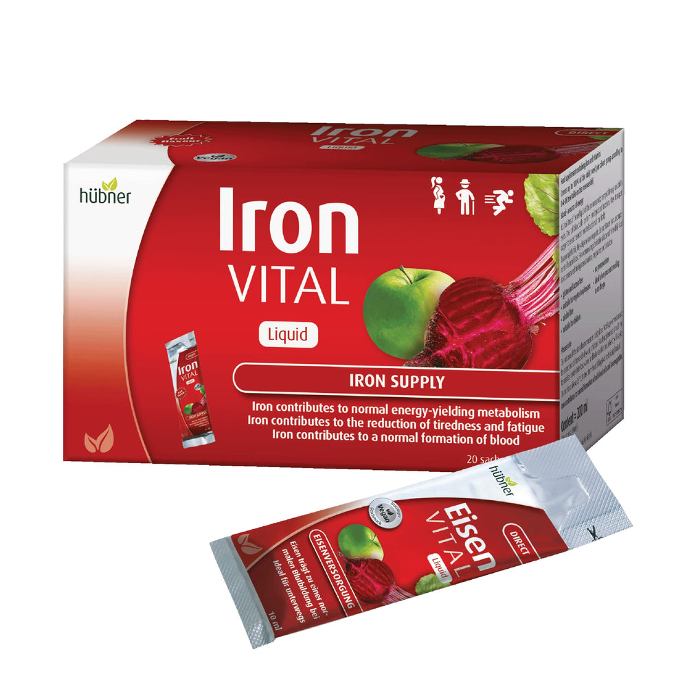 Hübner Iron Vital liquid bottle with fruit flavor supports daily energy.