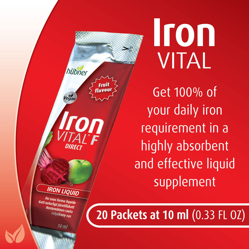 Hübner Iron Vital liquid box of packets for easy on the go dosing.