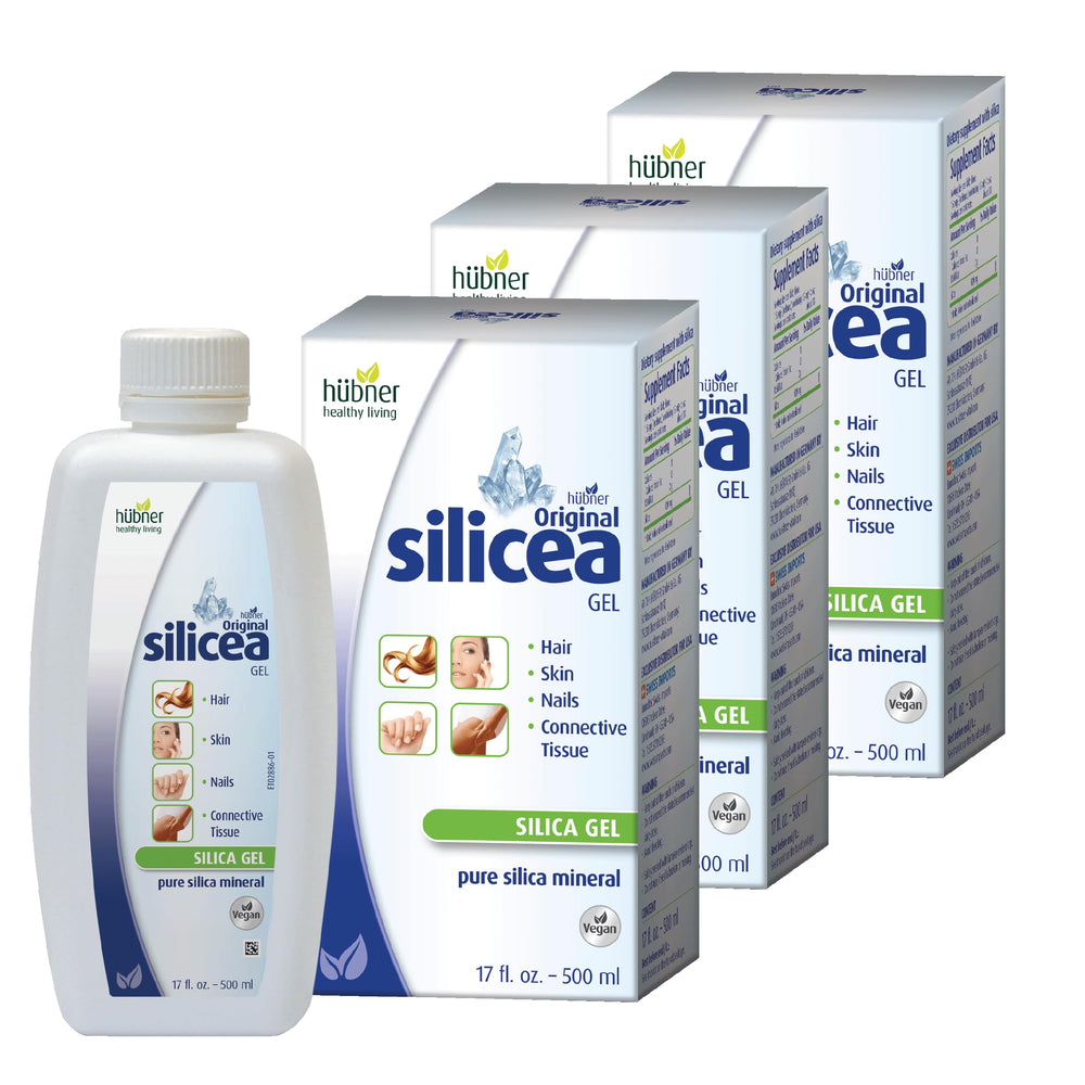 Hubner Silicea Gel bottle pour highlights pure silica for daily hair and skin support.
