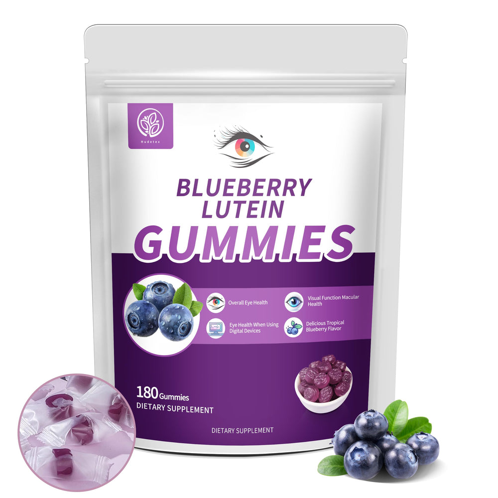 Hudetex Blueberry Lutein Gummies in packaging for easy, on-the-go eye support.
