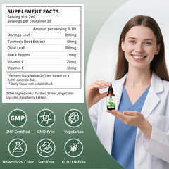 Hudetex Moringa drops mixed into water or smoothie for easy consumption.