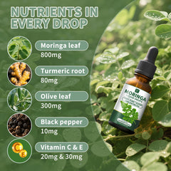 Hudetex Moringa Liquid Drops ingredients label highlighting olive leaf and turmeric for wellness.