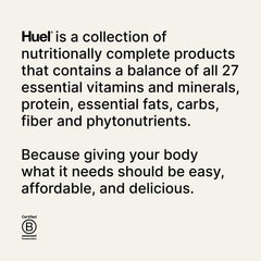 Huel Black Edition Cookies and Cream ingredients panel with 27 vitamins and minerals