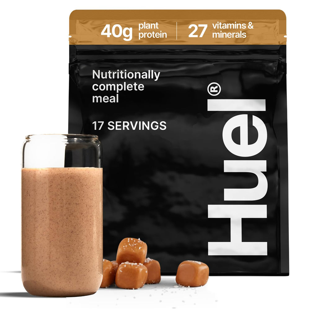 Huel Black Edition salted caramel tub shows high-protein vegan formula for complete nutrition