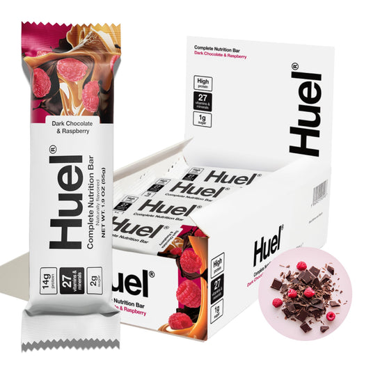 Huel Complete Nutrition bar, dark chocolate raspberry flavor, portable protein snack.