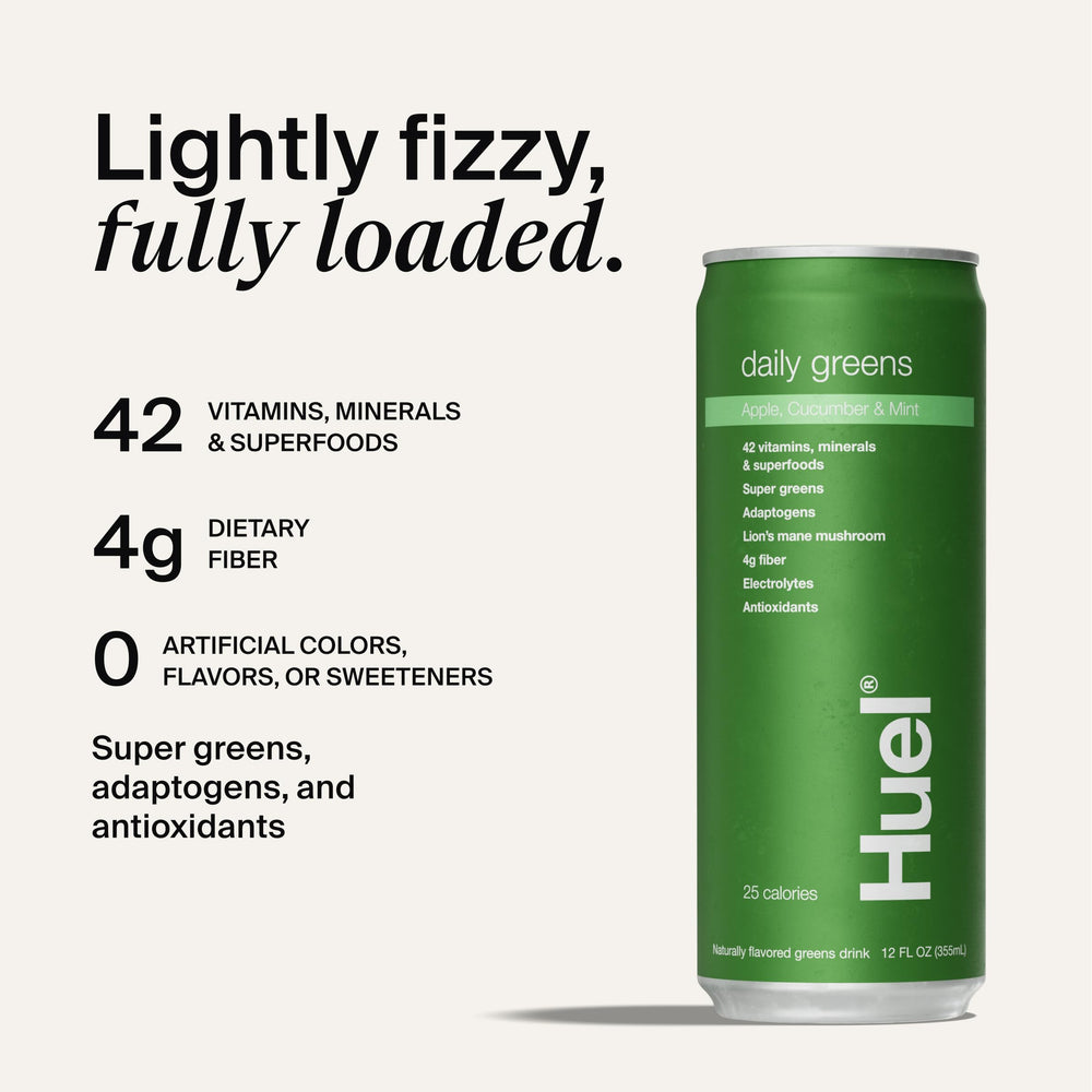 Pack of 12 Huel Daily Greens bottles for convenient on-the-go nutrition