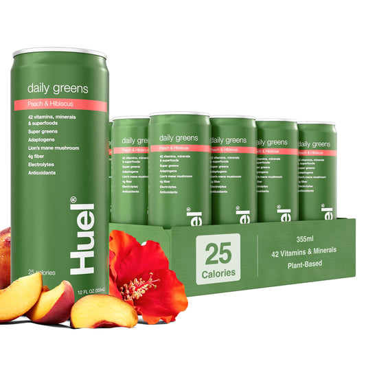 Huel Daily Greens bottle front view highlighting refreshing Peach Hibiscus flavor