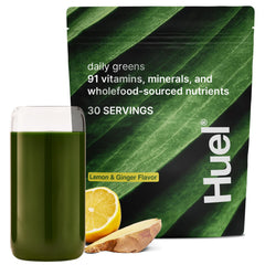 Huel Daily Greens Lemon & Ginger bottle showing vibrant greens and citrus energy