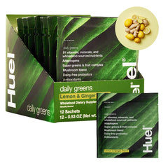 Huel Daily Greens lemon-ginger glass, a refreshing morning drink for daily energy