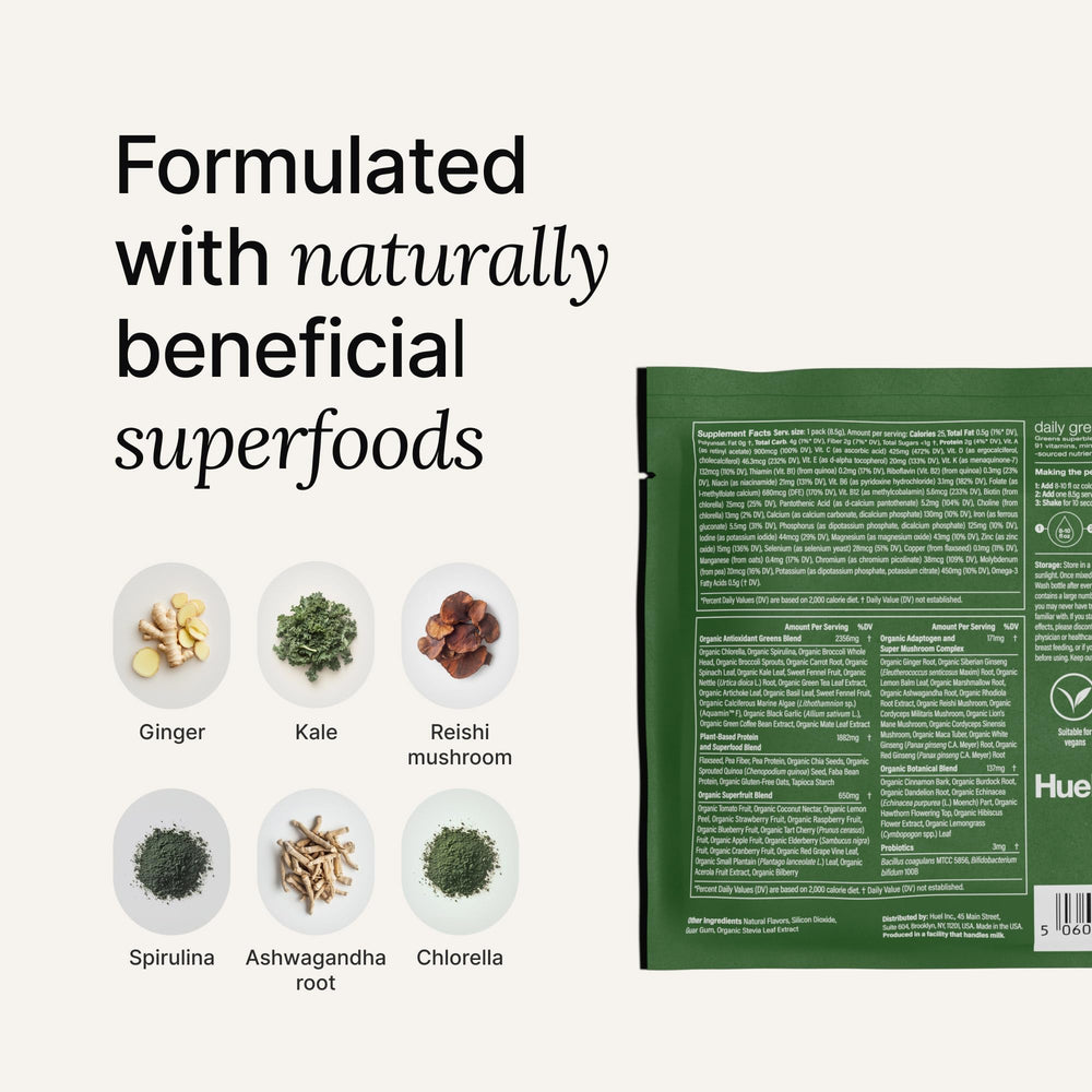 Huel Daily Greens organic-supergreens-ingredients image shows wholesome plants and nutrients