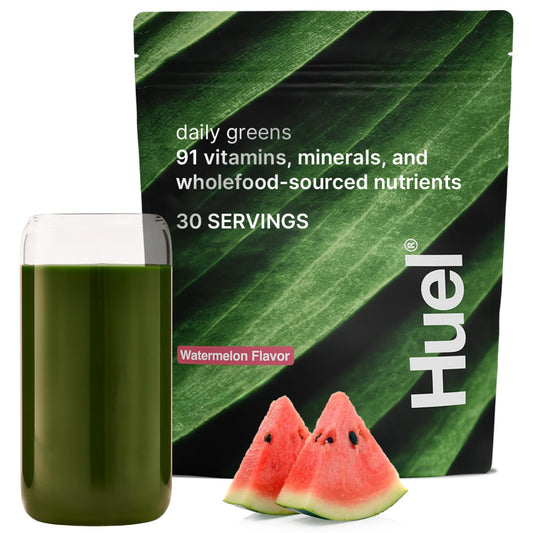 Huel Daily Greens Watermelon bottle ready for a refreshing morning routine