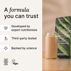 Huel packaging closeup highlighting vegan, gluten-free, non-GMO formula.