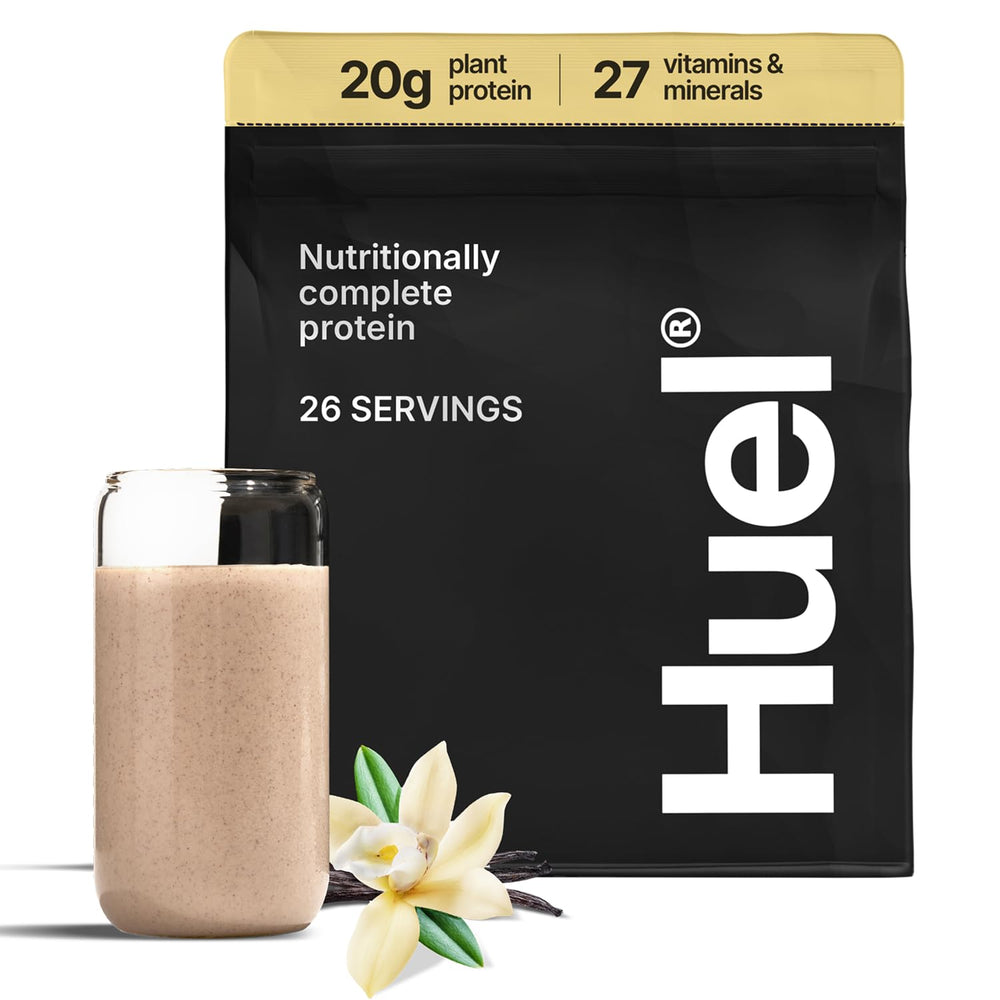 Huel Vanilla protein powder tub showing complete plant-based nutrition for daily fueling.