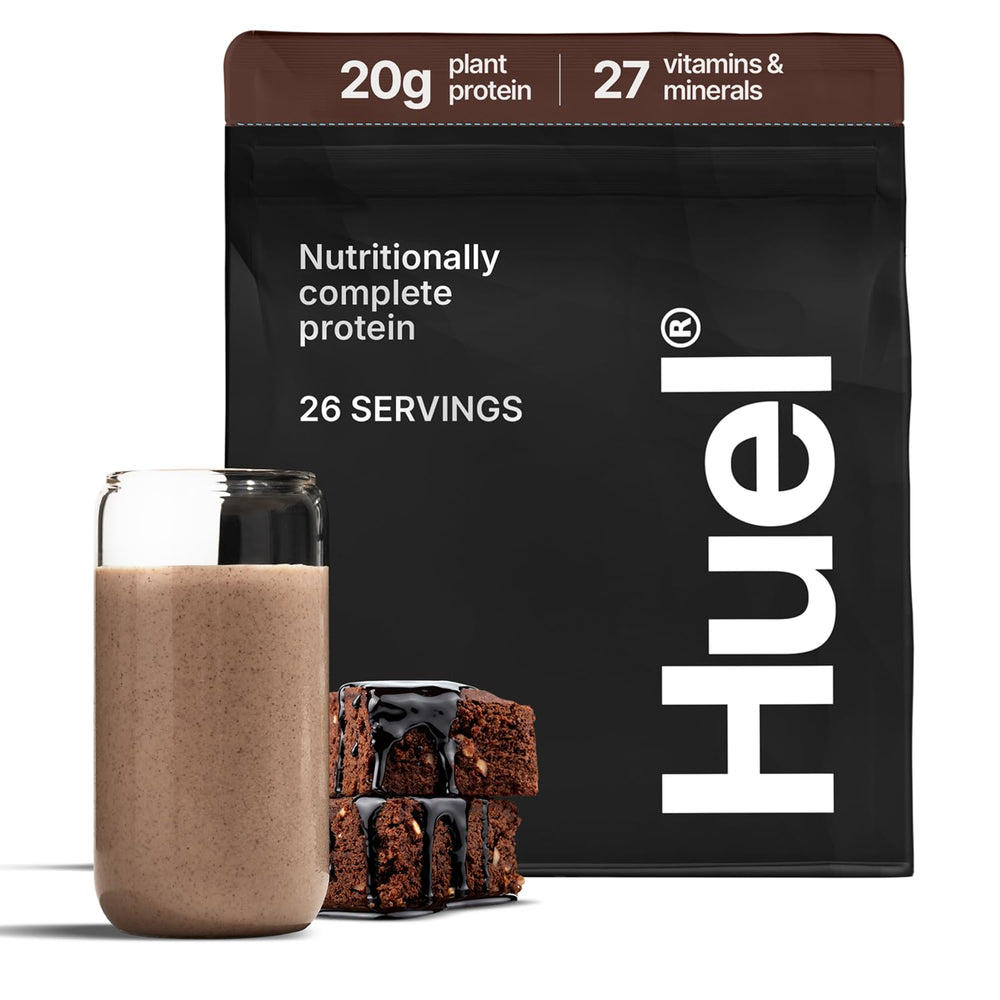 Huel Vegan Protein Powder Chocolate Fudge Brownie tub highlighting protein packed nutrition