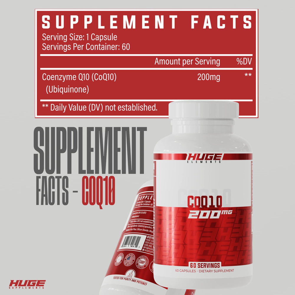 Huge Supplements CoQ10 bottle pour illustrating easy daily dosing